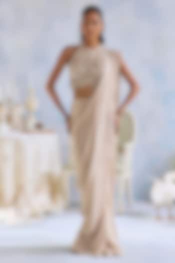 Nude Chiffon Hand Embroidered Pre-Draped Reception Saree Set by Ridhima Bhasin at Pernia's Pop Up Shop