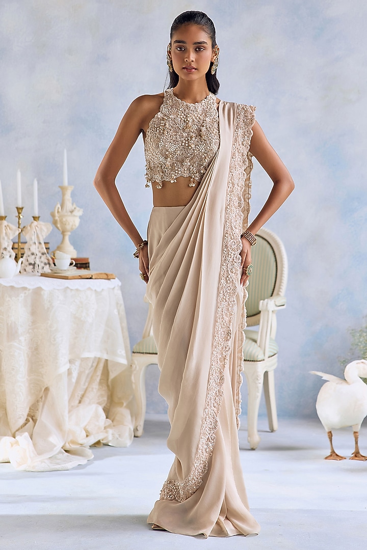 Nude Chiffon Hand Embroidered Pre-Draped Reception Saree Set by Ridhima Bhasin at Pernia's Pop Up Shop