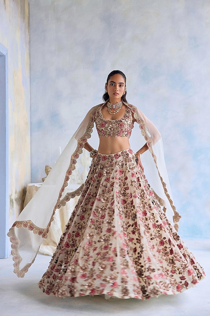 Ivory Net 3D Hand Embroidered Bridal Lehenga Set by Ridhima Bhasin at Pernia's Pop Up Shop