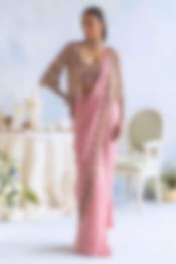 Blush Pink Crepe 3D Hand-Embroidered Cowl Draped Skirt Set by Ridhima Bhasin at Pernia's Pop Up Shop