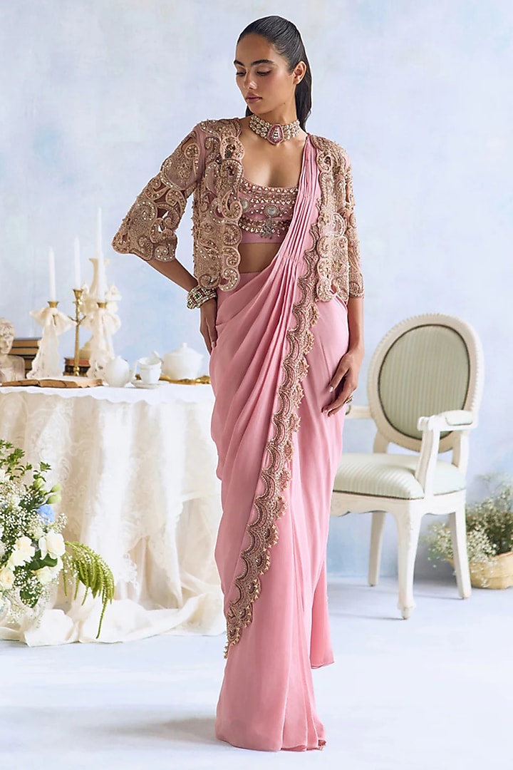 Blush Pink Crepe 3D Hand-Embroidered Cowl Draped Skirt Set by Ridhima Bhasin at Pernia's Pop Up Shop