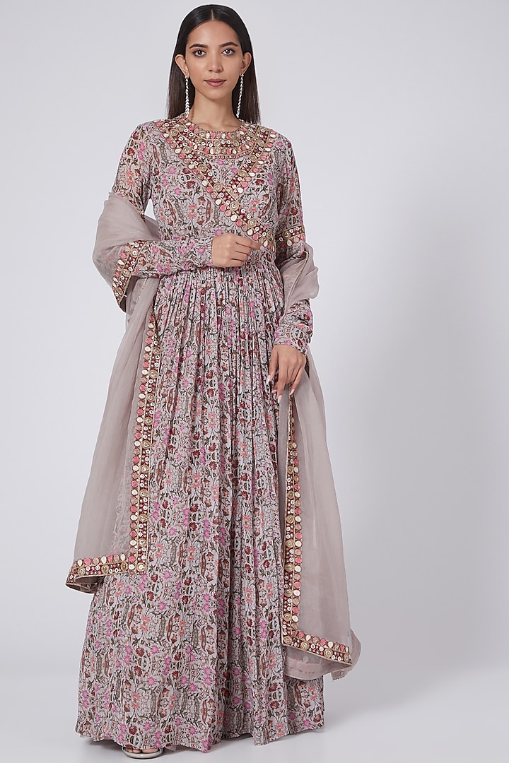 Blush Pink Hand Embroidered & Printed Angrakha Anarkali Set by Ridhima Bhasin