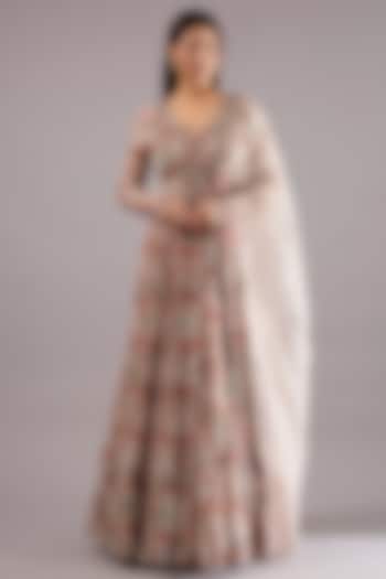 Dirty White Organza & Chiffon Floral Printed Wedding Anarkali Set by Ridhima Bhasin at Pernia's Pop Up Shop