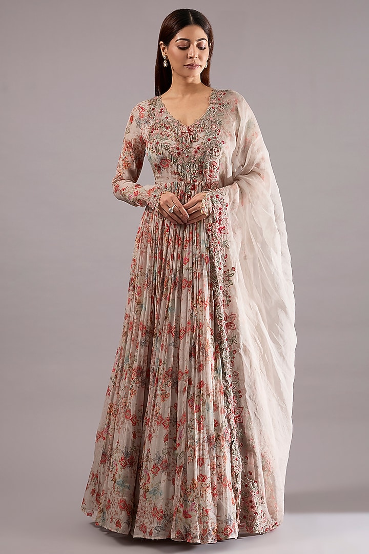 Dirty White Organza & Chiffon Floral Printed Wedding Anarkali Set by Ridhima Bhasin at Pernia's Pop Up Shop