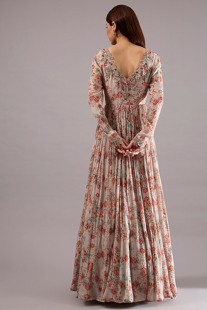 Dirty White Organza & Chiffon Floral Printed Wedding Anarkali Set by Ridhima Bhasin at Pernia's Pop Up Shop
