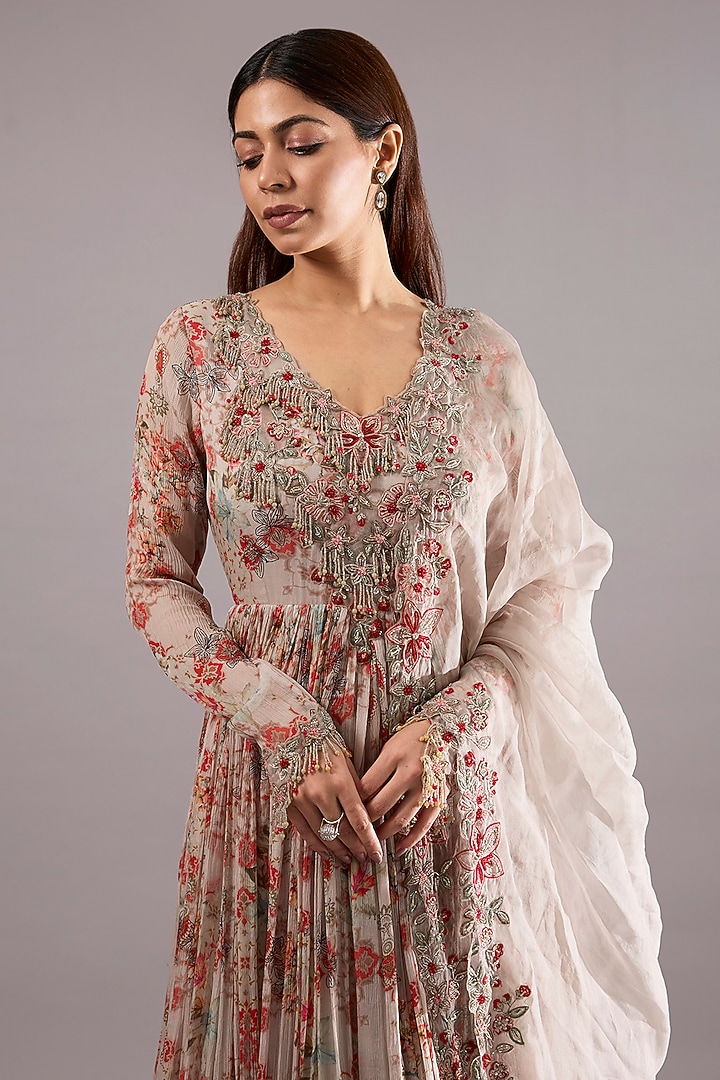 Dirty White Organza & Chiffon Floral Printed Wedding Anarkali Set by Ridhima Bhasin at Pernia's Pop Up Shop