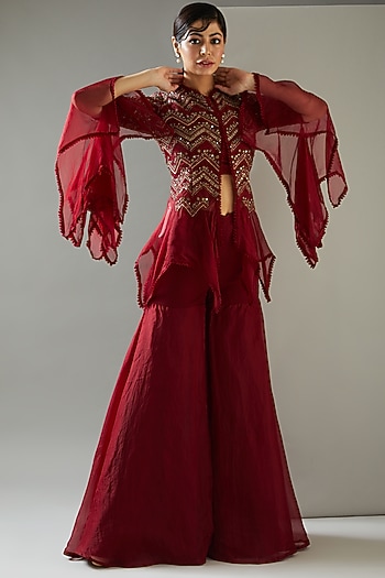 Red Organza Wedding Sharara Set by Ridhima Bhasin at Pernia's Pop Up Shop