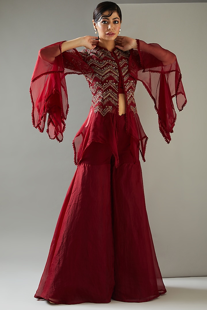 Red Organza Wedding Sharara Set by Ridhima Bhasin at Pernia's Pop Up Shop