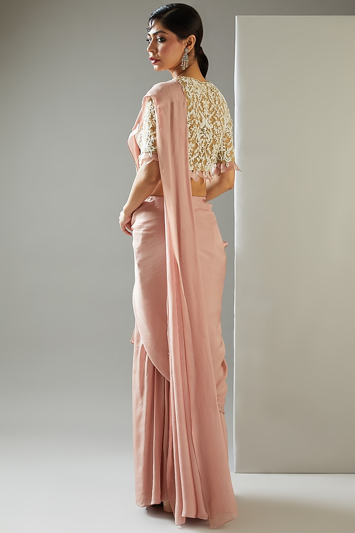 Blush Pink Chiffon & Tulle Pre-Draped Wedding Saree Set by Ridhima Bhasin at Pernia's Pop Up Shop