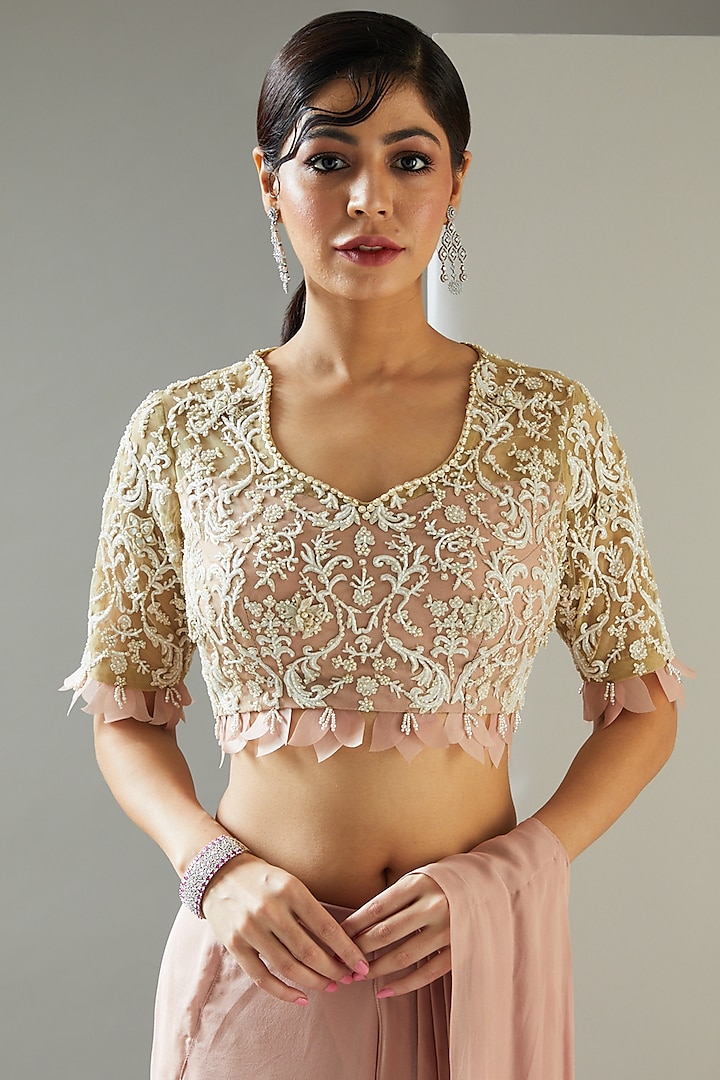 Blush Pink Chiffon & Tulle Pre-Draped Wedding Saree Set by Ridhima Bhasin at Pernia's Pop Up Shop