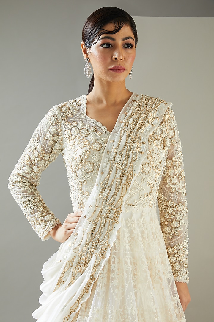 Ivory Embroidered Bridal Anarkali Set by Ridhima Bhasin at Pernia's Pop Up Shop