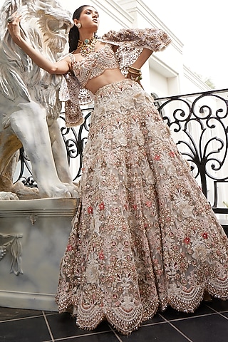 Ivory Organza Embroidered Jacket Lehenga Set by Ridhima Bhasin