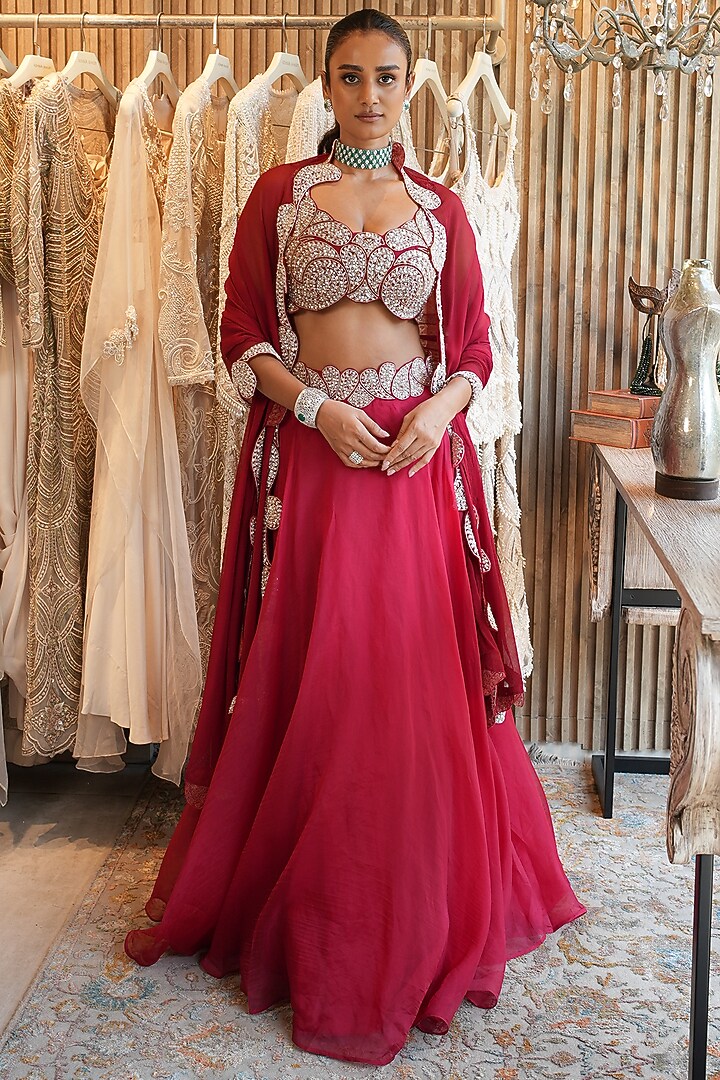 Red Organza Embellished Jacket Wedding Lehenga Set by Ridhima Bhasin at Pernia's Pop Up Shop