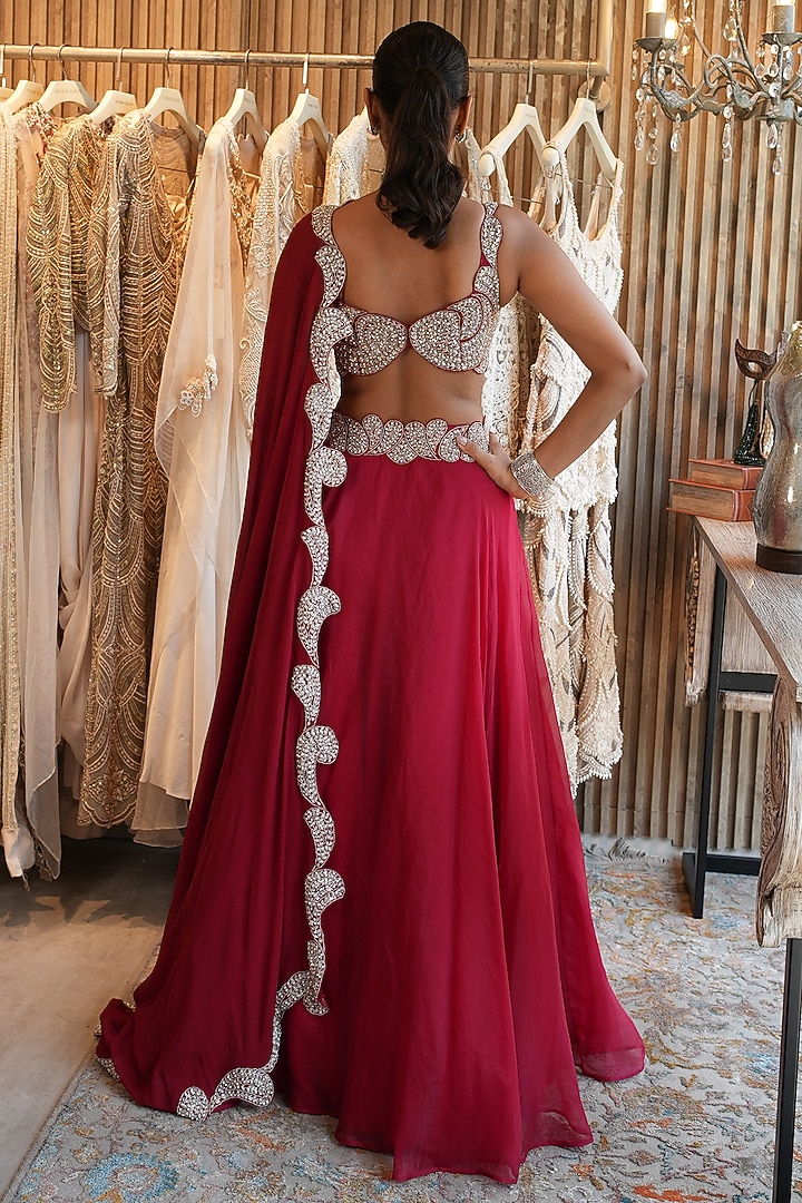 Red Organza Embellished Jacket Wedding Lehenga Set by Ridhima Bhasin at Pernia's Pop Up Shop
