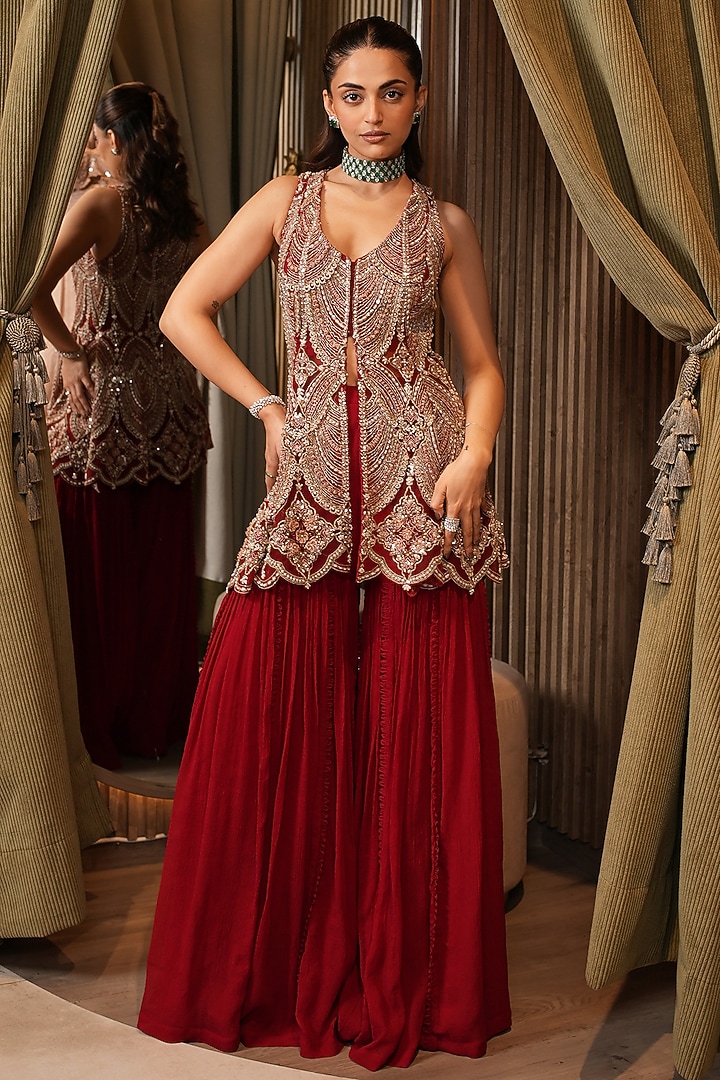 Red Chiffon Layered Bridal Sharara Set by Ridhima Bhasin at Pernia's Pop Up Shop