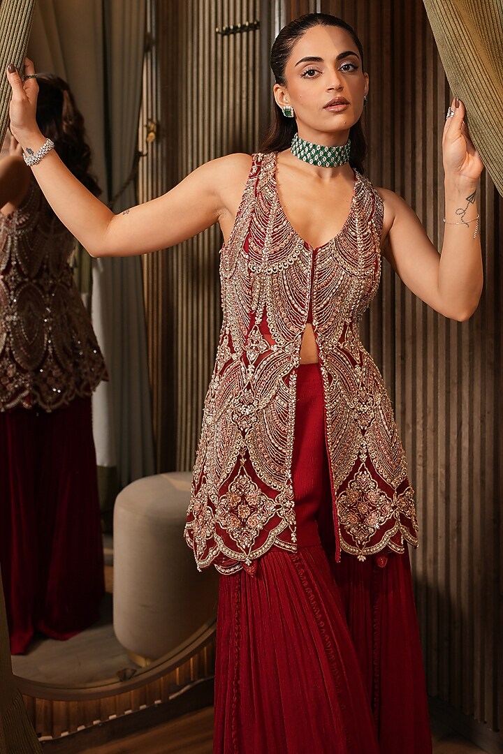 Red Chiffon Layered Bridal Sharara Set by Ridhima Bhasin at Pernia's Pop Up Shop
