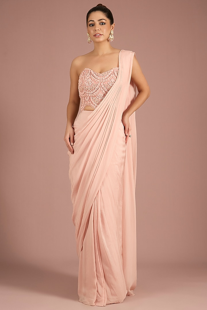 Blush Net & Chiffon Wedding Saree Set by Ridhima Bhasin at Pernia's Pop Up Shop