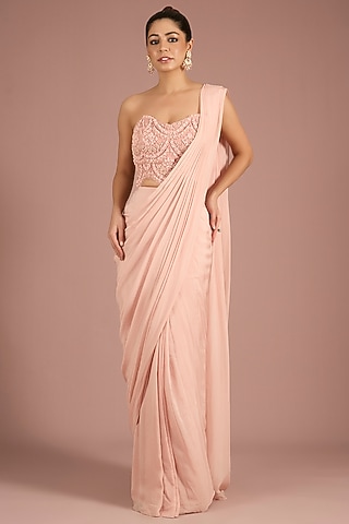 Blush Net & Chiffon Saree Set by Ridhima Bhasin