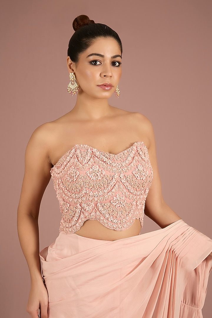 Blush Net & Chiffon Wedding Saree Set by Ridhima Bhasin at Pernia's Pop Up Shop