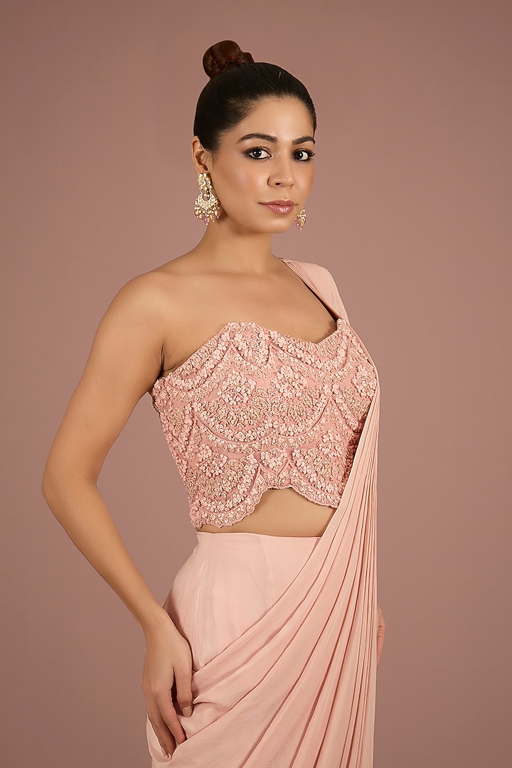 Blush Net & Chiffon Wedding Saree Set by Ridhima Bhasin at Pernia's Pop Up Shop