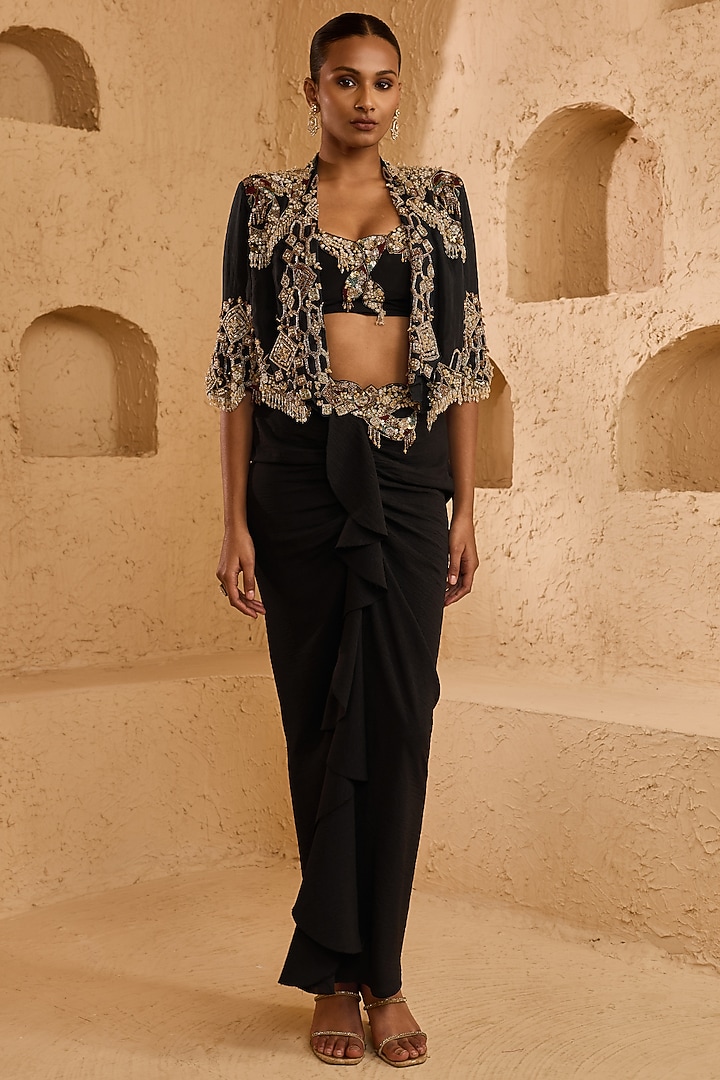 Black Organza Draped Skirt Set by Ridhima Bhasin at Pernia's Pop Up Shop