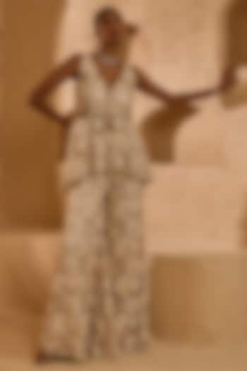 Ivory Net 3D Floral Hand Embroidered Flared Pant Set by Ridhima Bhasin at Pernia's Pop Up Shop