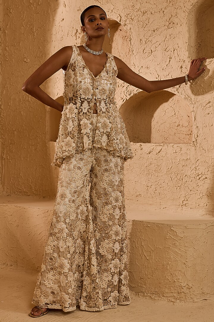 Ivory Net 3D Floral Hand Embroidered Flared Pant Set by Ridhima Bhasin at Pernia's Pop Up Shop