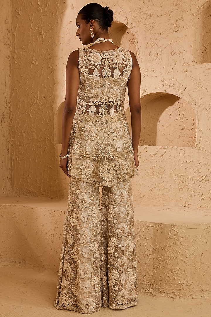 Ivory Net 3D Floral Hand Embroidered Flared Pant Set by Ridhima Bhasin at Pernia's Pop Up Shop