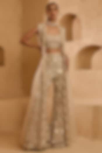 Ivory Net & Organza Embroidered Pant Set by Ridhima Bhasin at Pernia's Pop Up Shop