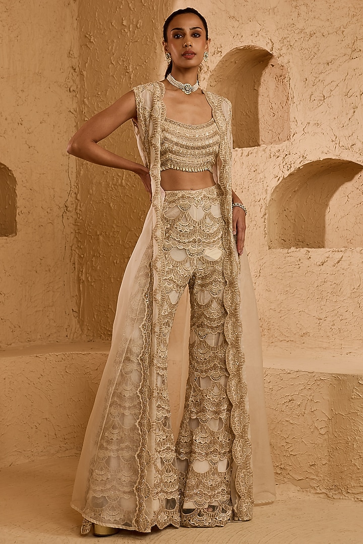Ivory Net & Organza Embroidered Pant Set by Ridhima Bhasin at Pernia's Pop Up Shop