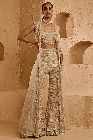 Ivory Net & Organza Embroidered Pant Set by Ridhima Bhasin