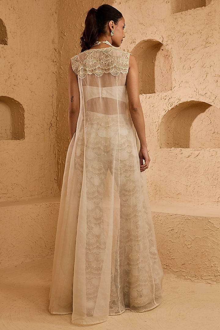 Ivory Net & Organza Embroidered Pant Set by Ridhima Bhasin at Pernia's Pop Up Shop