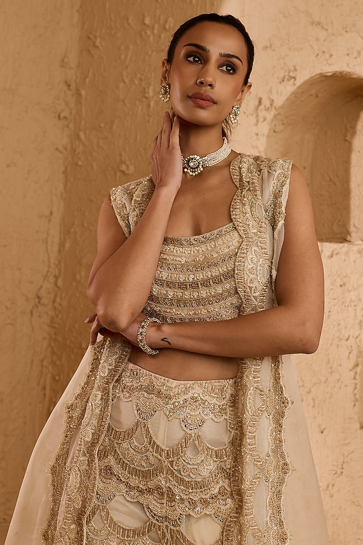 Ivory Net & Organza Embroidered Pant Set by Ridhima Bhasin at Pernia's Pop Up Shop