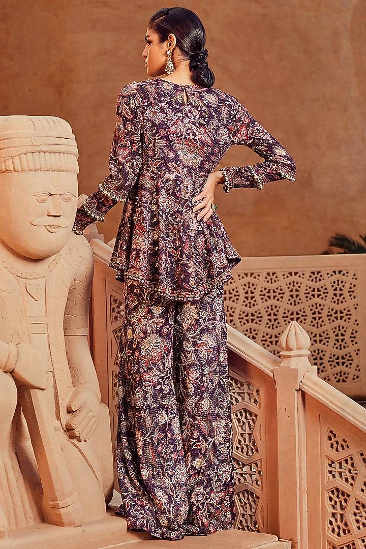 Purple Raw Silk Printed Wedding Sharara Set by Ridhima Bhasin at Pernia's Pop Up Shop