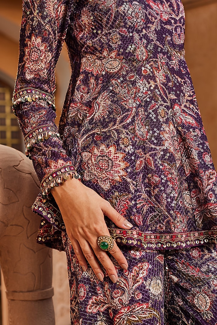 Purple Raw Silk Printed Wedding Sharara Set by Ridhima Bhasin at Pernia's Pop Up Shop
