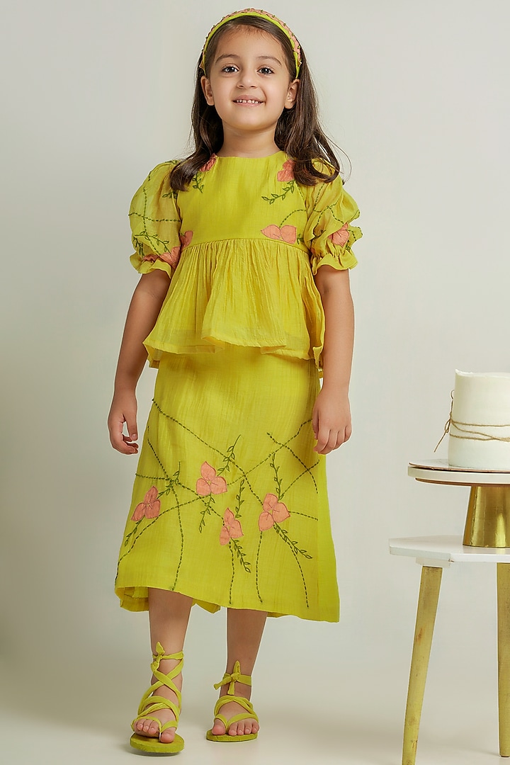 Yellow Embroidered Skirt Set For Girls by The Right Cut Kids