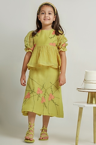Yellow Embroidered Skirt Set For Girls by The Right Cut Kids