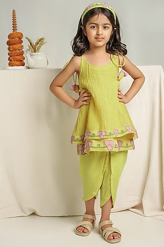 Yellow Cotton Chanderi Pant Set For Girls by The Right Cut Kids