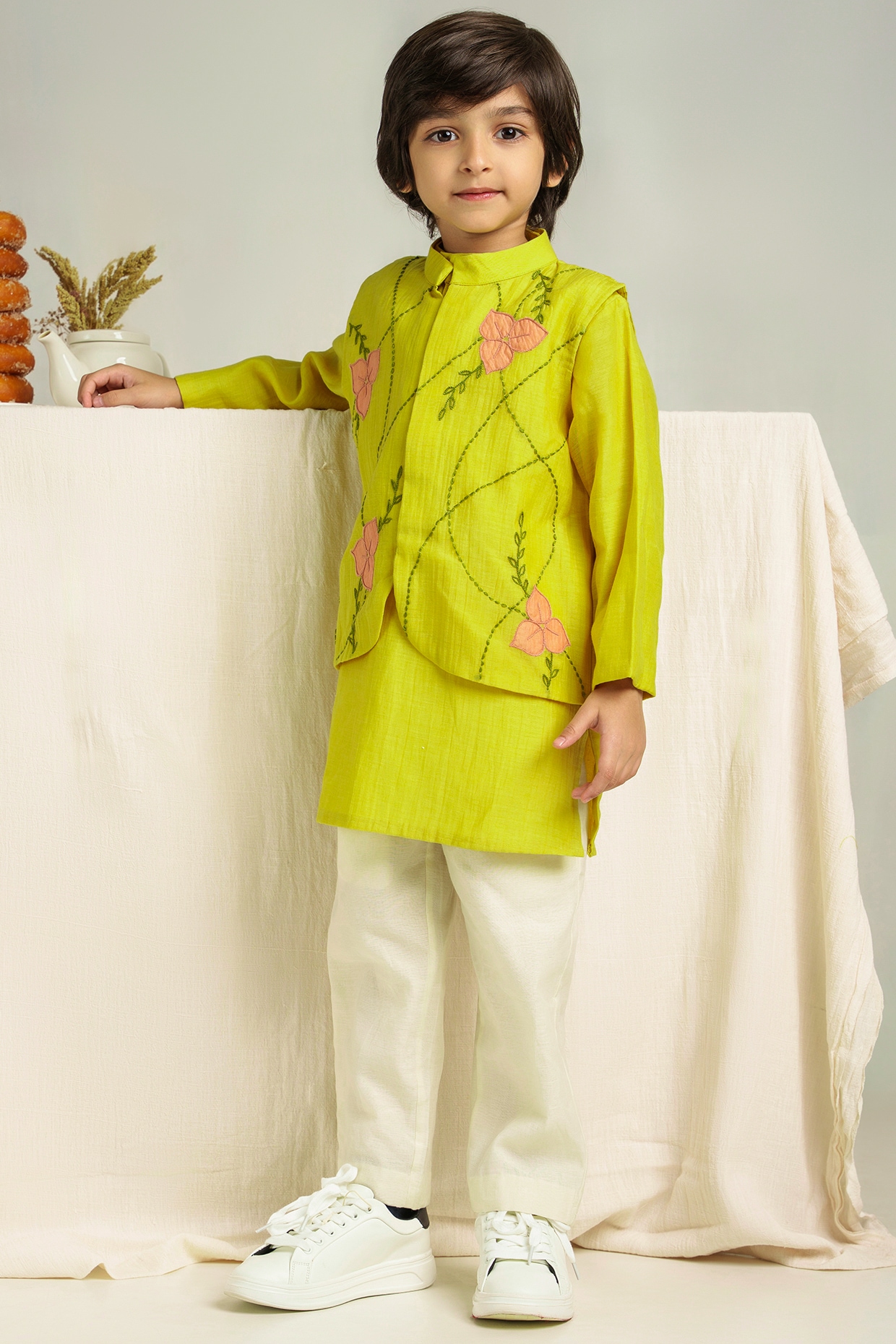 Pastel Peach Nehru Jacket with royal ivory embroidery for Boys with cotton  kurta pajama at Rs 1199/set in New Delhi