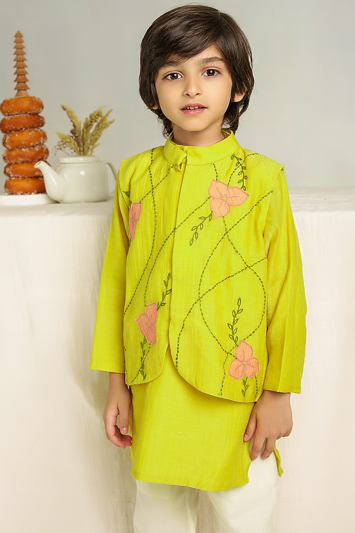 Yellow Nehru Jacket With Kurta Set For Boys by The Right Cut Kids at Pernia's Pop Up Shop