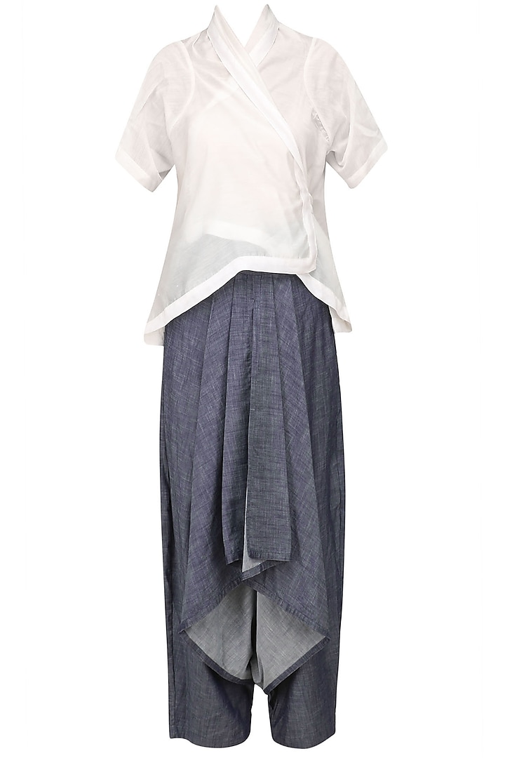 White Kimono Jacket and Grey Drape Pants Set by Ritesh Kumar