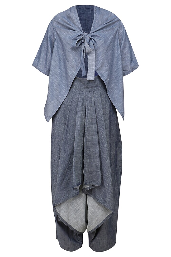 Blue Reversible Kimono Jacket and Grey Drape Pants Set by Ritesh Kumar