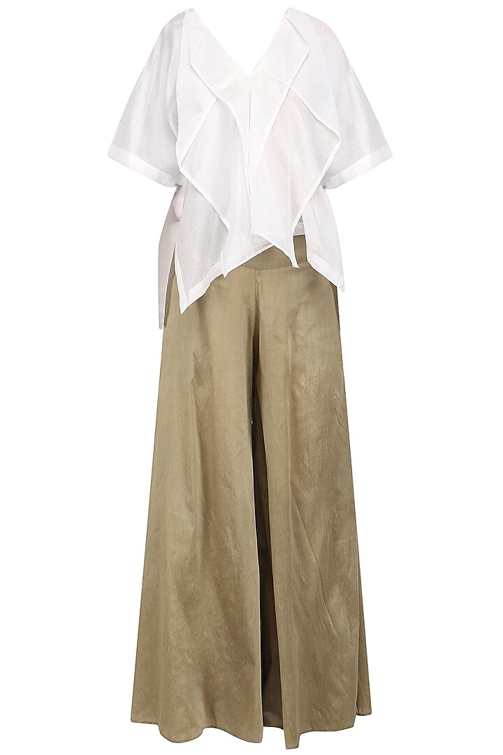 Ivory Layered Top and Gold Wide Pants Set by Ritesh Kumar