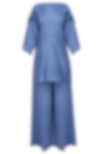 Blue overlapping tunic and wide legged pants set available only at Pernia's Pop Up Shop.