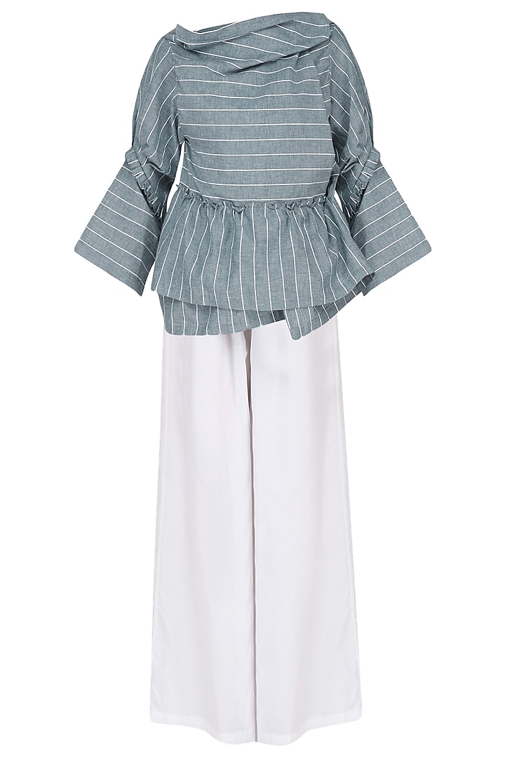 Blue and White Striped Wrape Top with Palazzo Pants Set by Ritesh Kumar