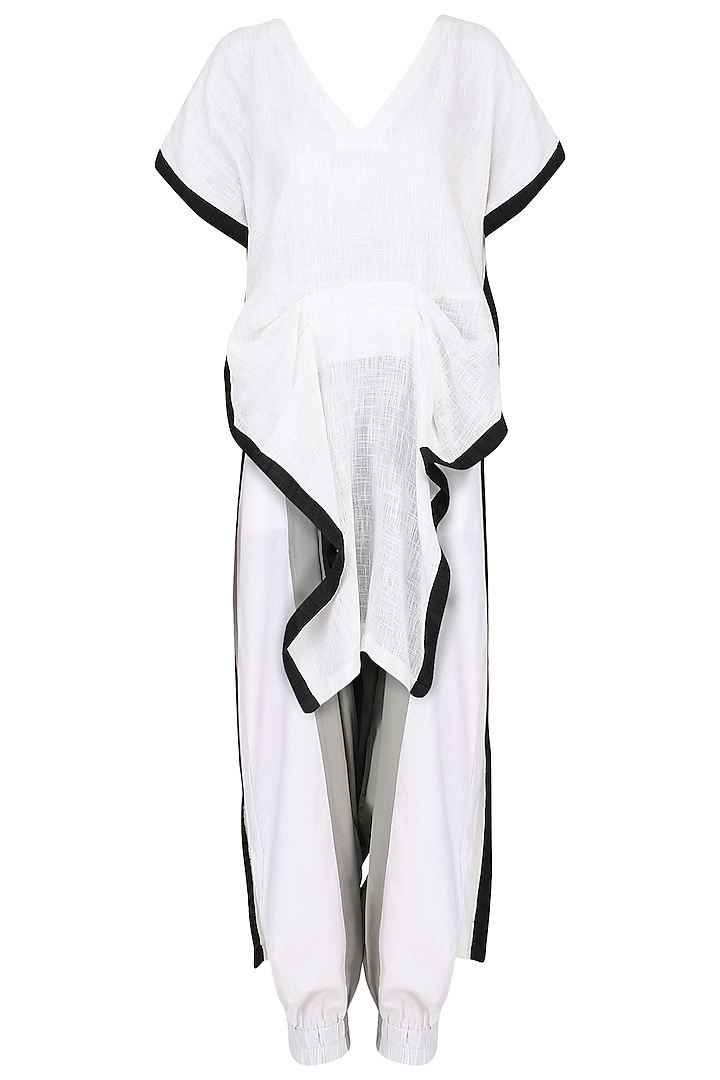 White Asymmetric Drape Tunic with Colorblock Harem Pants by Ritesh Kumar