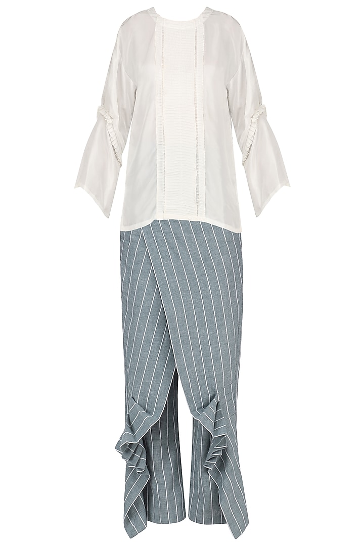 White Pin Tucked Tunic with Striped Wrap Pants by Ritesh Kumar