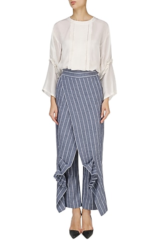 White Pin Tucked Tunic with Striped Wrap Pants by Ritesh Kumar