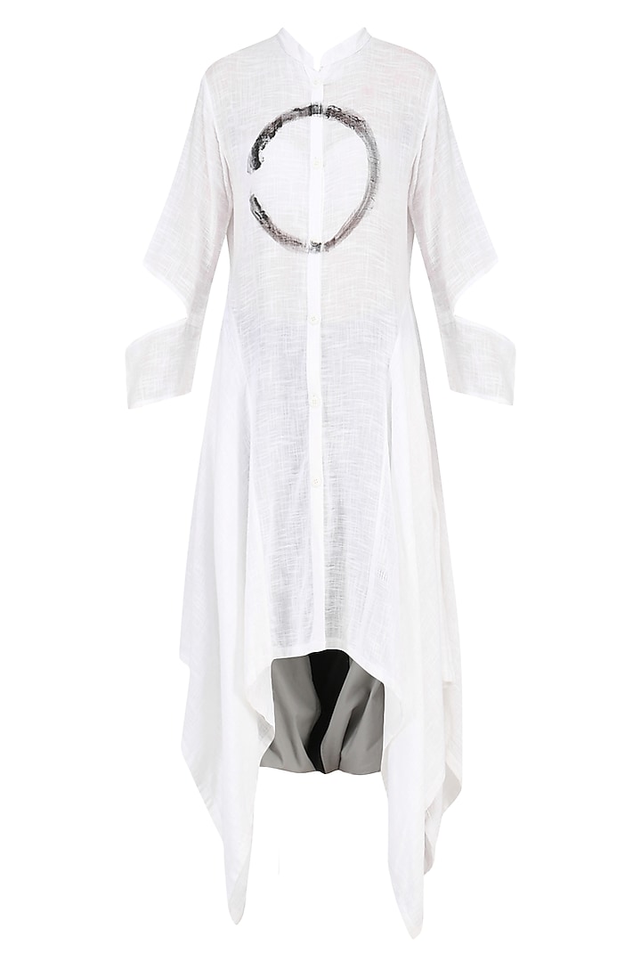 White Enso Print Shirt Dress with Colorblock Harem Pants by Ritesh Kumar