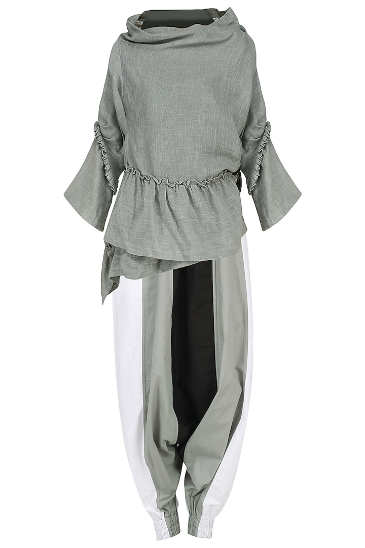 Grey Pleated Wrap Top with Coloblocked Harem Pants by Ritesh Kumar